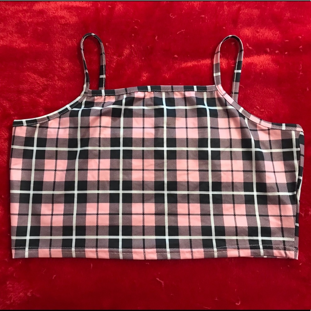 Pink and Black plaid polyester crop top.